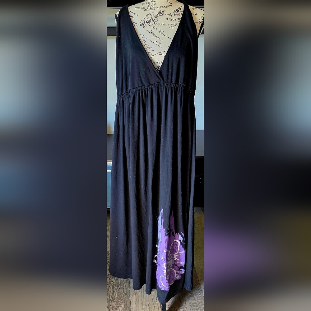 Women's Plus Size 3X V Neck Black Maxi Dress with Purple Flower Accent Halter